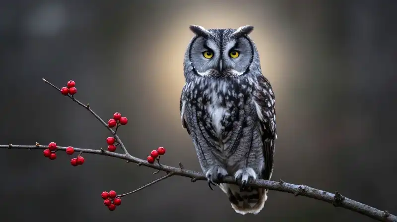 Grey owl illuminated on a wintry branch with dark berries