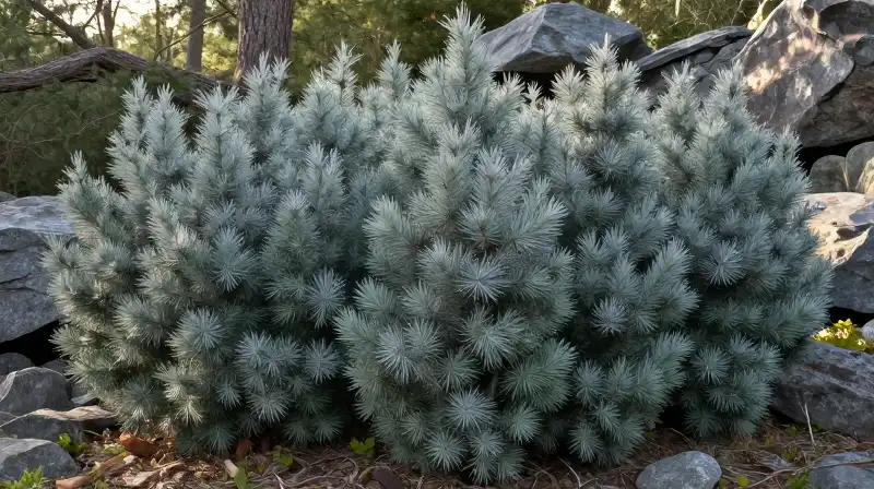 Dense grey owl juniper thrives in soft morning sunlight across rocky woodland