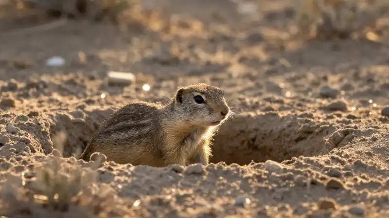 A solitary squirrel sits by a burrow entrance, bathed in warm golden light