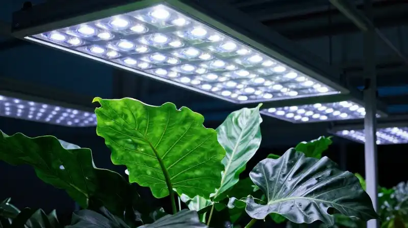 Vibrant Alocasia leaves flourish under intense purple spectral grow lights