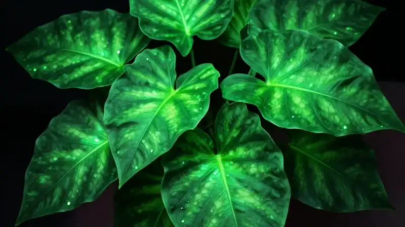 Vivid green Alocasia foliage glows under a powerful grow light
