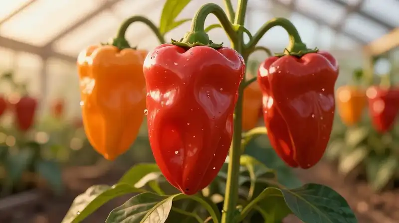 Vibrant ghost peppers thrive in a sunlit, high-heat greenhouse