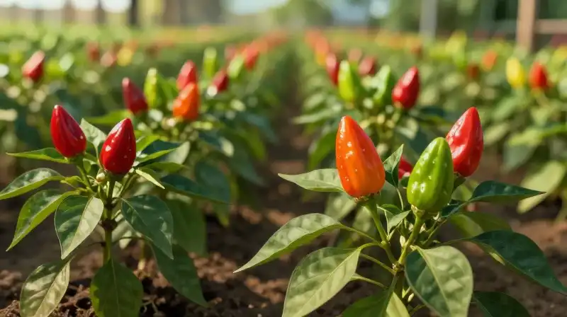 Vibrant ghost pepper plants grow in sunny garden rows