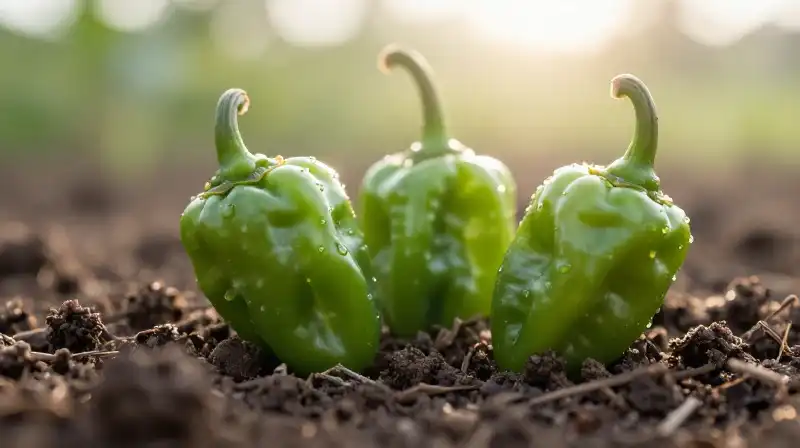 Vibrant ghost peppers grow from rich soil in ethereal morning sunlight
