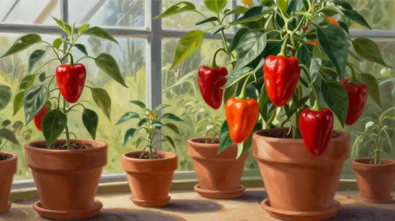 Vibrant ghostly red peppers overflow terracotta pots inside a sunlit greenhouse