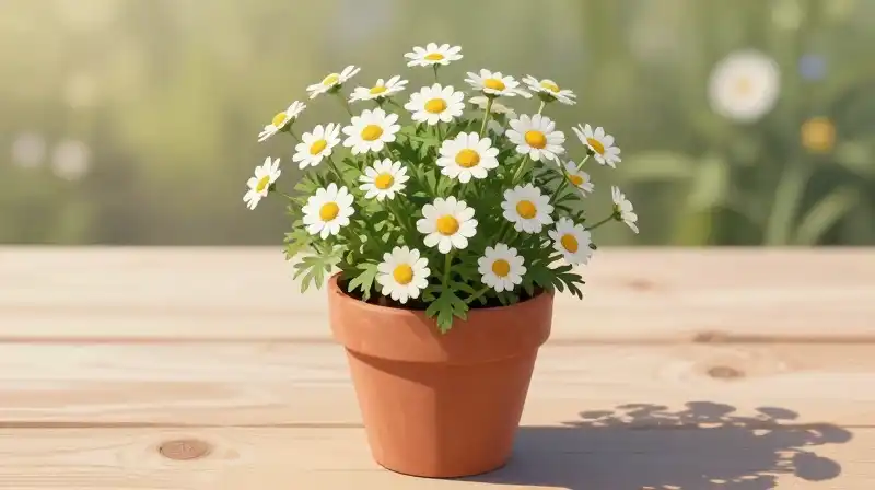 White blossoms in a terracotta pot on a sunlit wooden table