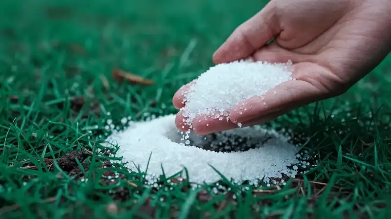 Hand sifting bright white crystals on lush, dewy green lawn