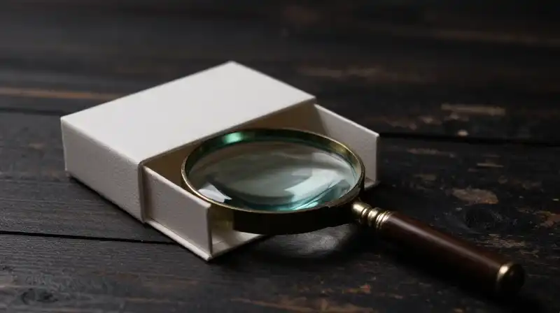 A magnifying glass rests on a dark wooden surface beside an open box