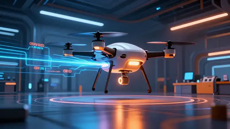 Futuristic drone in a hub lit by dramatic blue and orange streams