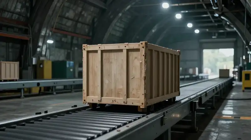 A shipping crate travels through a vast, industrial warehouse