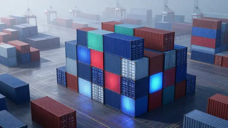Glowing, neon-lit container stacks dominate a vast, misty port