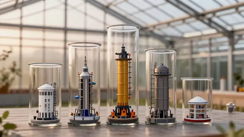 Detailed miniature models glow inside a warm, modern greenhouse