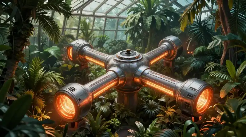 Intense glow radiates from a dense, futuristic jungle greenhouse