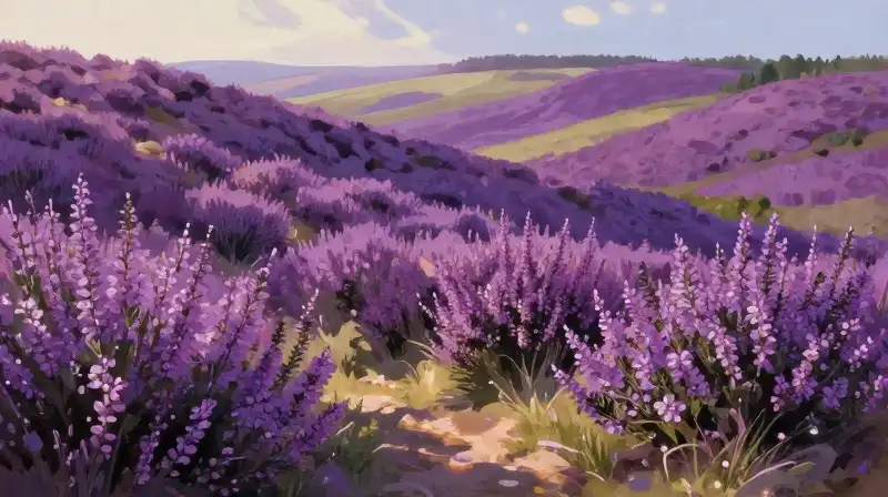 Whimsical purple heather blooms across sun-dappled rolling hills