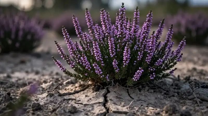 Vibrant purple heather sits defiantly on cracked, sun-drenched earth