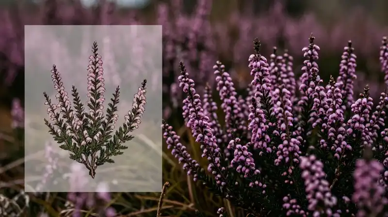 Ornate botanical illustration of heather-colored moorland