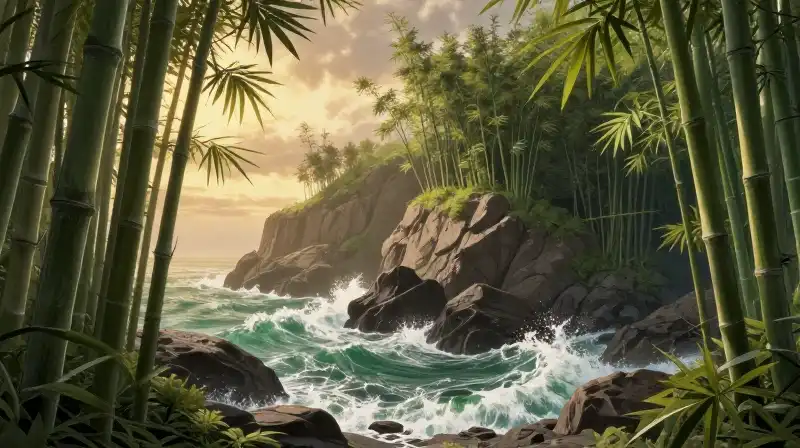 Golden light bathes towering bamboo near crashing emerald cliffs
