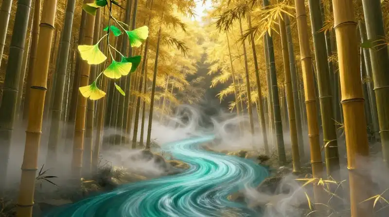 Glowing golden bamboo meets emerald trees and a dynamic teal stream