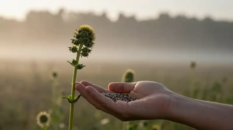 Majestic sunflower stalk harvested from misty morning fields