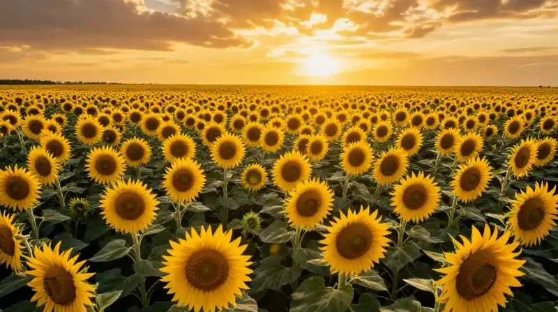 Massive sunflowers bloom across a sprawling, golden field at sunset