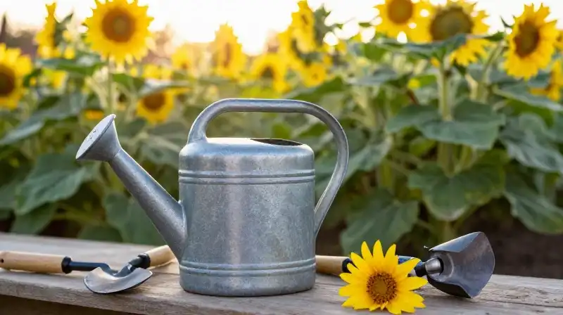 Golden sunflowers dominate a lush garden scene at warm sunset