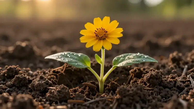 Vibrant green sprout sparkles with dew and warm golden light