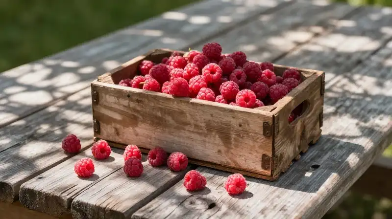 Ripe raspberries fill an antique wooden crate on a sun-drenched picnic table