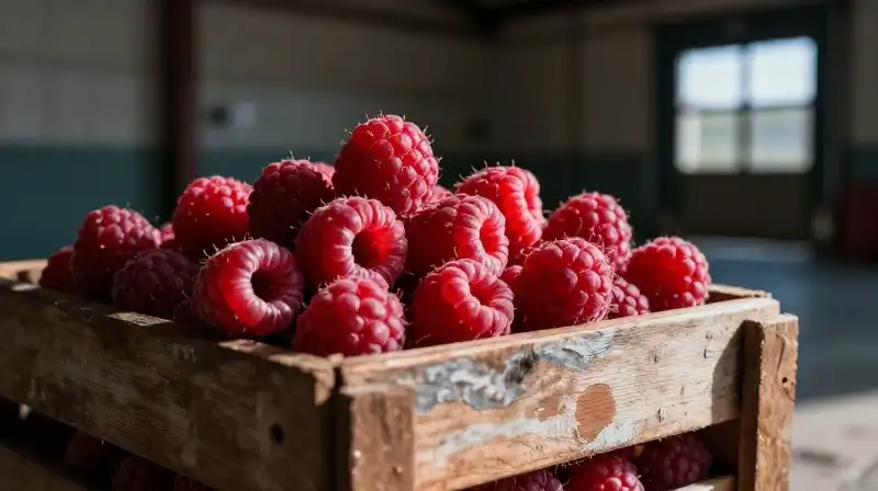 Crimson raspberries sit in a rustic crate under dramatic, warm sunlight