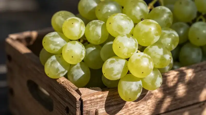 Vibrant grapes and a rustic wooden crate sit under bright sunlight