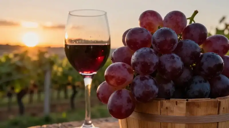 Crimson grapes and rich wine overflow in a dramatic vineyard sunset