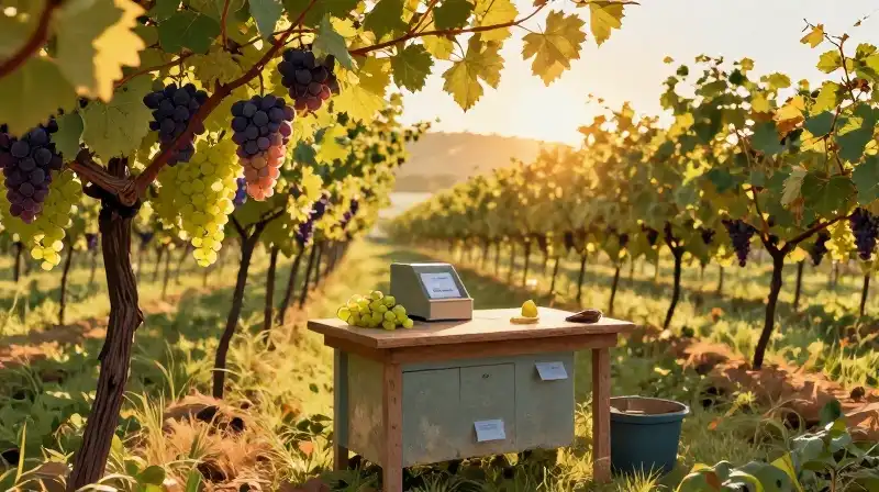 Vibrant grapes grow near a rustic station in a glowing harvest field