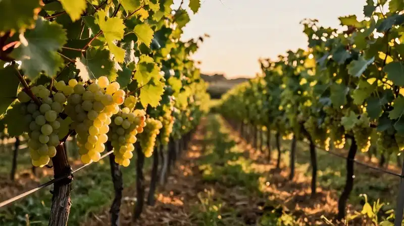 Warm golden light illuminates the lush, winding grape vineyard