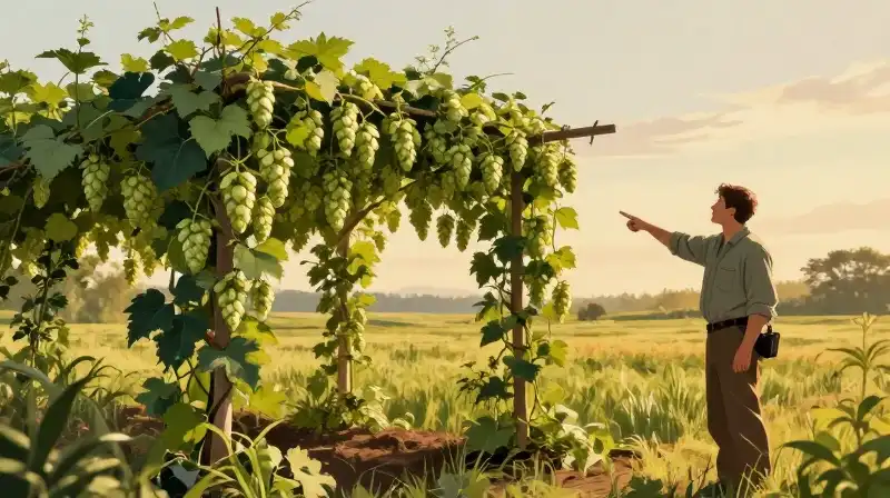A surveyor points at a golden hop trellis in a sunny, rural field