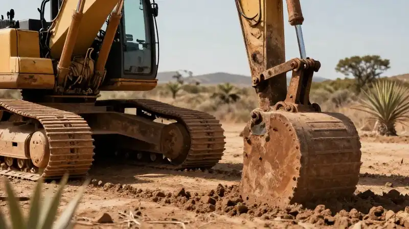 A rusty excavator digs yucca in a bright, arid desert landscape under harsh sun