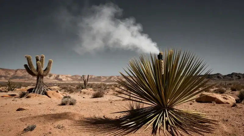 A sharp yucca plant stands mist-covered in a harsh desert landscape