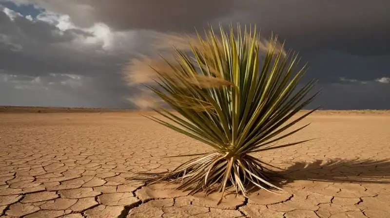 A resilient yucca stands in cracked, wind-swept desert earth