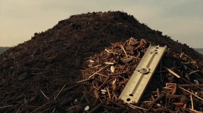 Sunlight highlights a vintage scale resting on a massive dark mulch mound