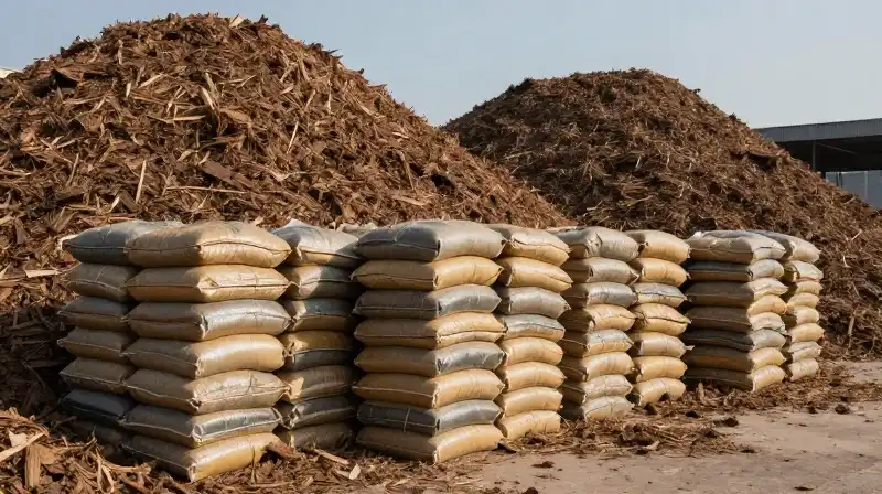 Massive piles of uniform mulch fill the stark industrial yard