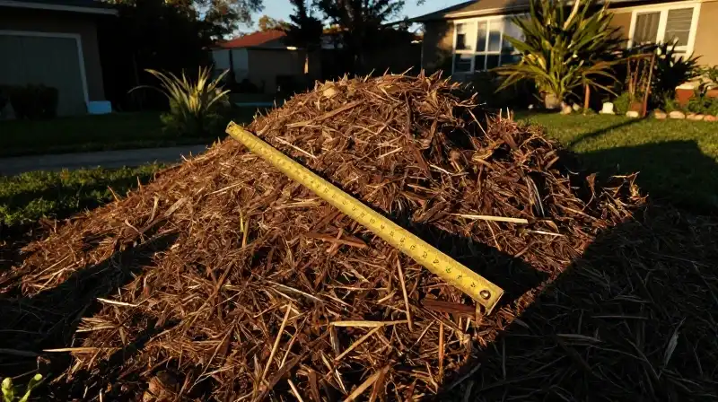 Weathered ruler on mulch under sharp golden hour shadows