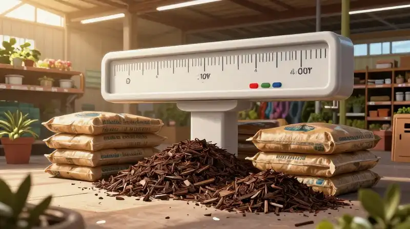 Dark mulch bags are piled under dramatic overhead sunlight