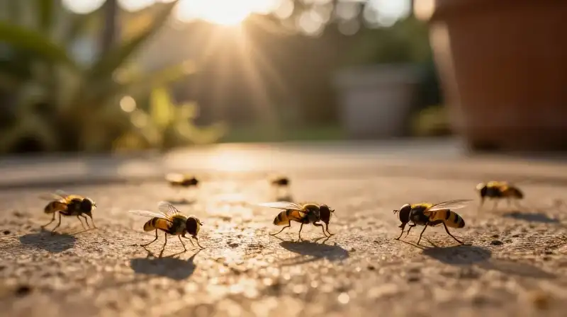Iridescent flies swarm the sunny, overgrown patio during golden hour