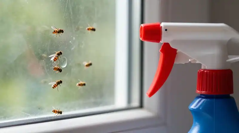 Hover flies cluster on a kitchen window in vibrant morning light