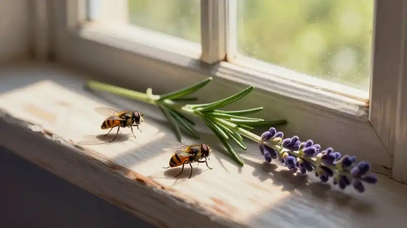 Fuzzy flies drift near fragrant herbs under dappled sunlight