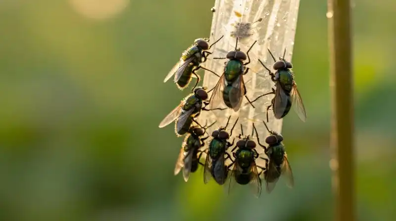 A sticky fly trap covered in green flies sits in a damp, golden garden