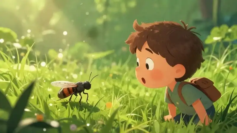 Small figure recoils from tiny insect in a sunny meadow