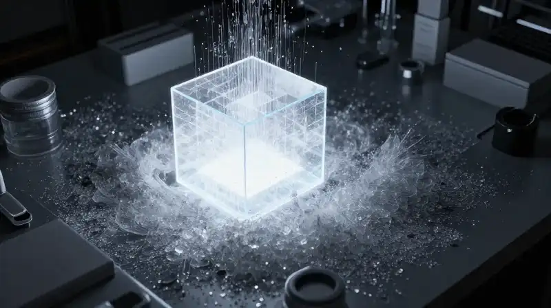 Sharp glowing geometry filters chaotic particles within a dramatic, organized workspace