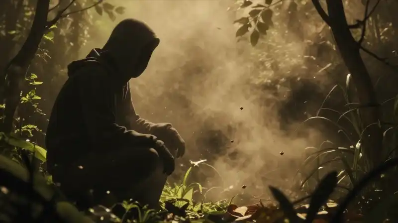 A watchful figure sends golden mist toward pests in a lush garden
