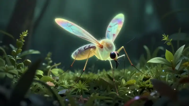 A faint, iridescent mosquito glows amidst dark, vibrant foliage
