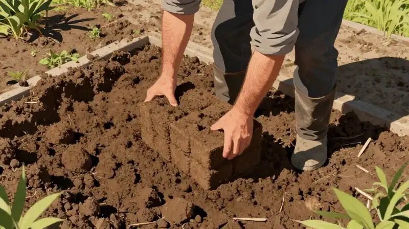 A gardener lifts sod blocks over rough, sunlit earth