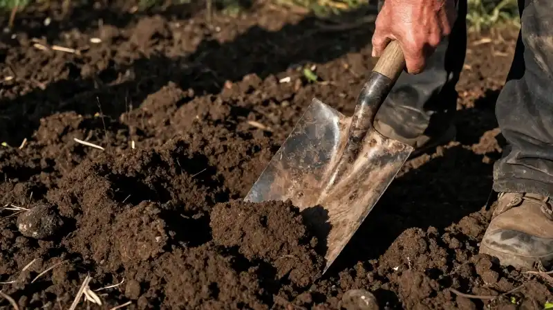 Rugged hands hold a shovel over dark, disturbed soil